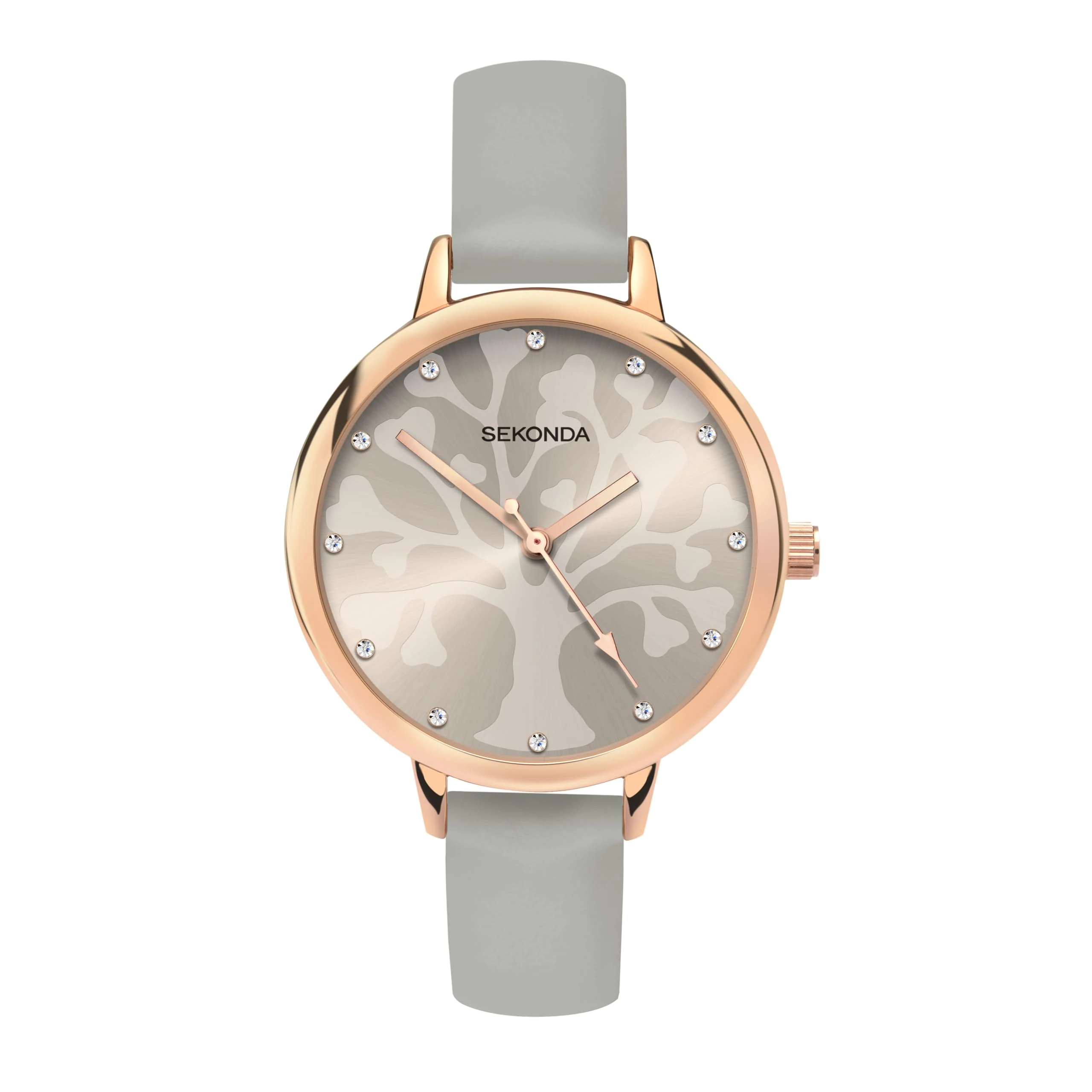 Sekonda Womens 35mm Analogue Classic Quartz Watch with Rose Gold Case Tree Patterned Dial with Stone Set Markers and Grey PU Strap