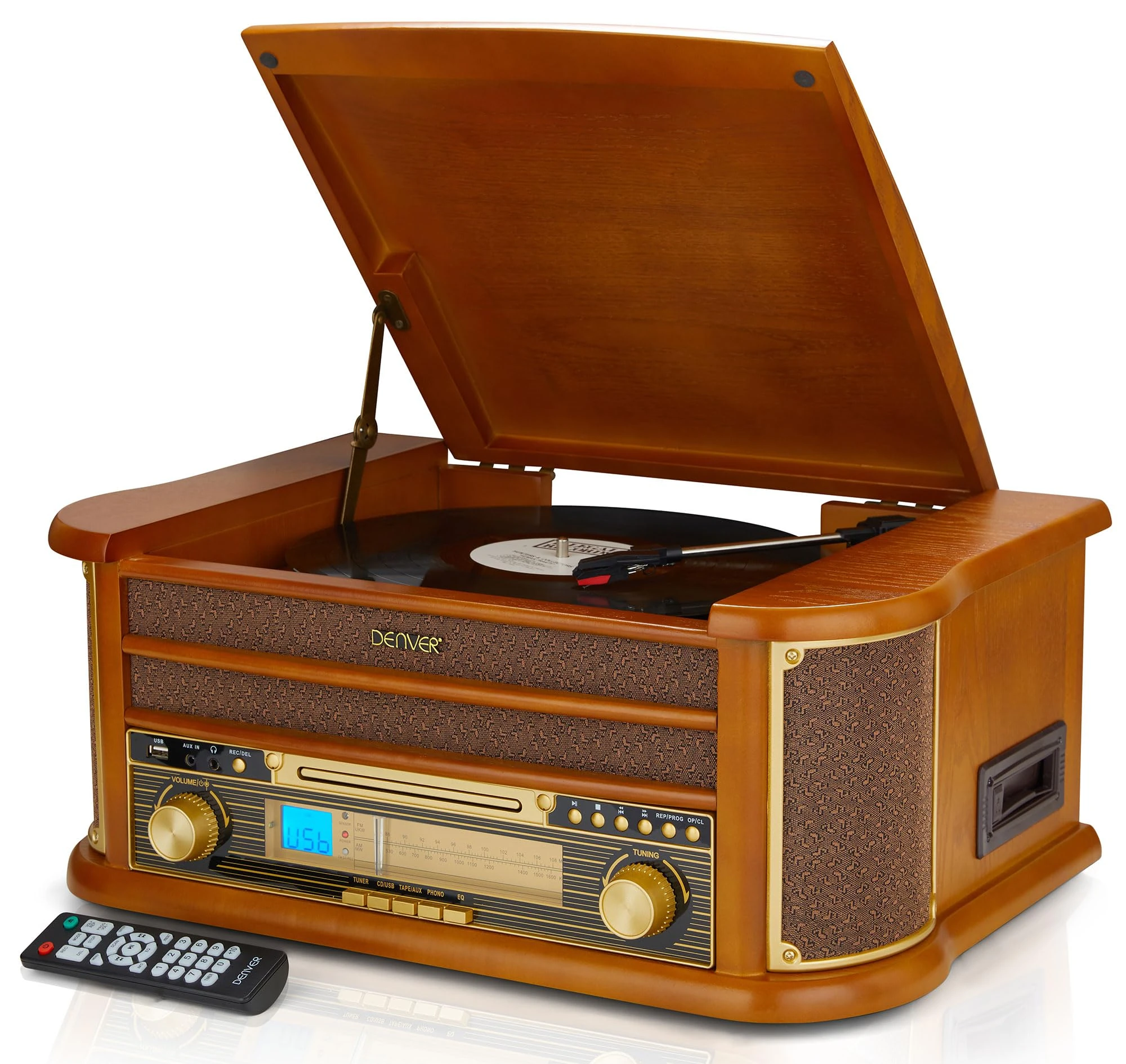 Denver 8-in-1 CD Bluetooth Cassette Player Retro Wooden Record Player HiFi System – 3 Speed Vinyl Turntable & Cassette With CD Player, FM/AM Radio, MP3 USB Recording, AUX IN And Line Out – MCR-50BT