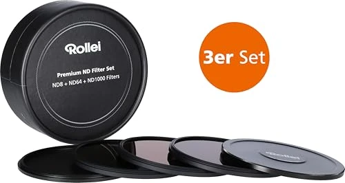 Rollei Premium lens grey filter set consisting of: 1x ND 8, ND 64 and ND 1000 filter made of gorilla glass with aluminium ring for long exposure with aluminium protective cover. (49 mm)