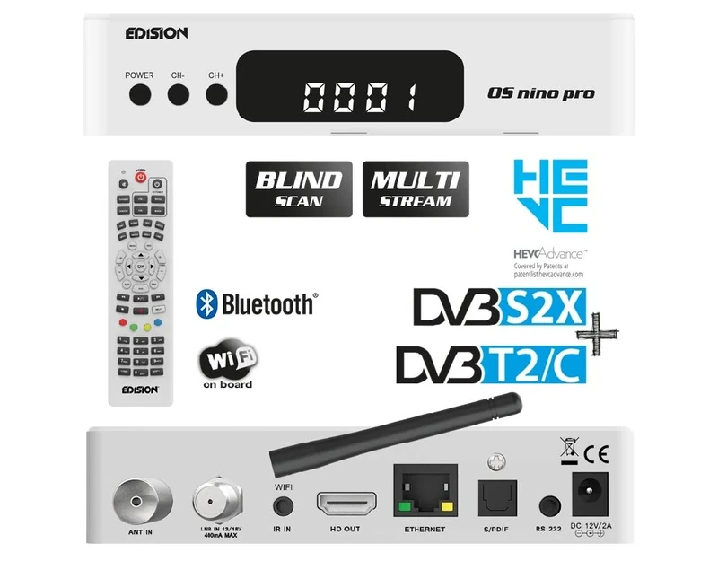 EDISION OS NINO PRO S2X + T2/C White, E2 Linux Full HD Combo receiver, H265 HEVC, MULTI STREAM, BLIND SCAN, WiFi on board, Bluetooth, White color