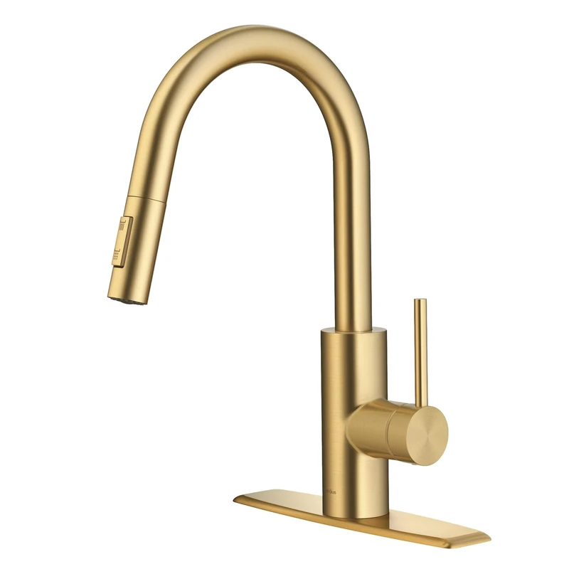 KRAUS Oletto Single Handle Pull Down Kitchen Faucet with QuickDock Top Mount Installation Assembly in Spot-Free Brushed Brass, KPF-2620BB
