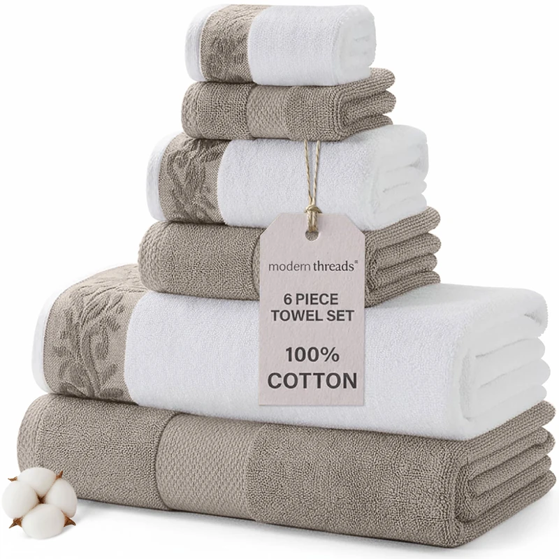 Modern Threads 2 Bath Hand Towels 2 Washcloths, Cotton, Taupe, Standard