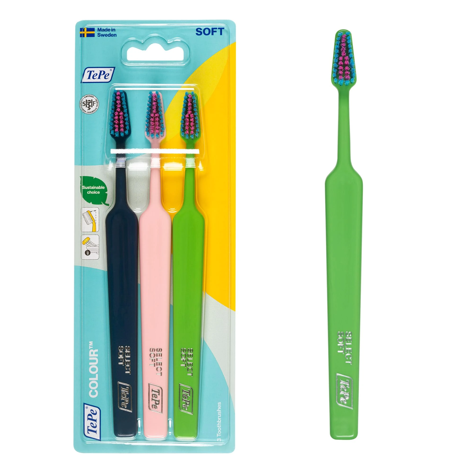TePe Colour Toothbrush, Soft, Mixed Pack, 3pcs, Soft Bristle Toothbrush with Precise and Gentle Cleaning, Soft for Adults and Older Children