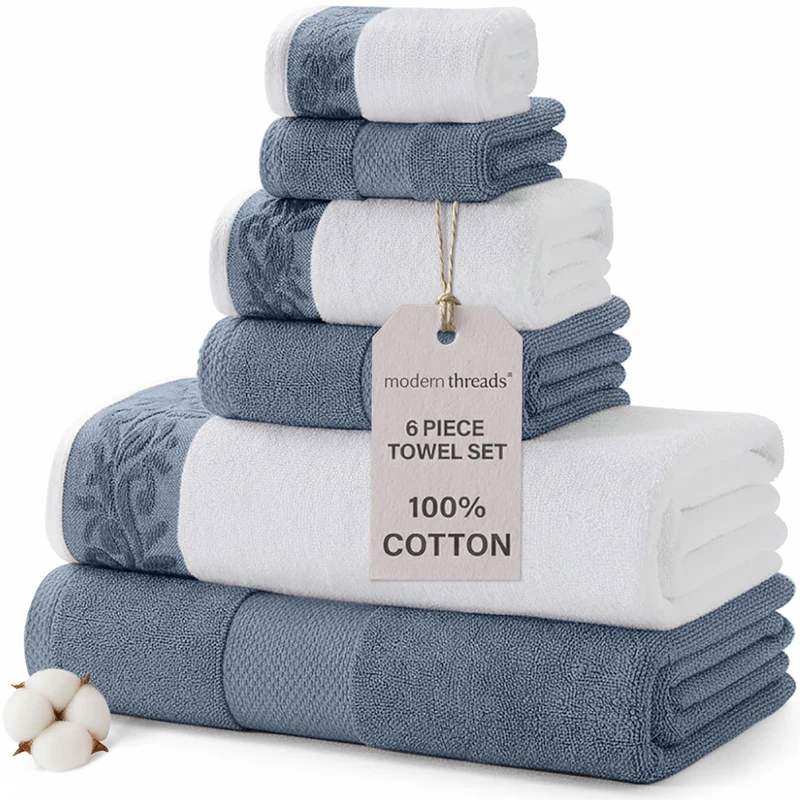 Modern Threads Amrapur Overseas 600 GSM 6-Piece Towel Set with Filgree Jacquard Border Blue