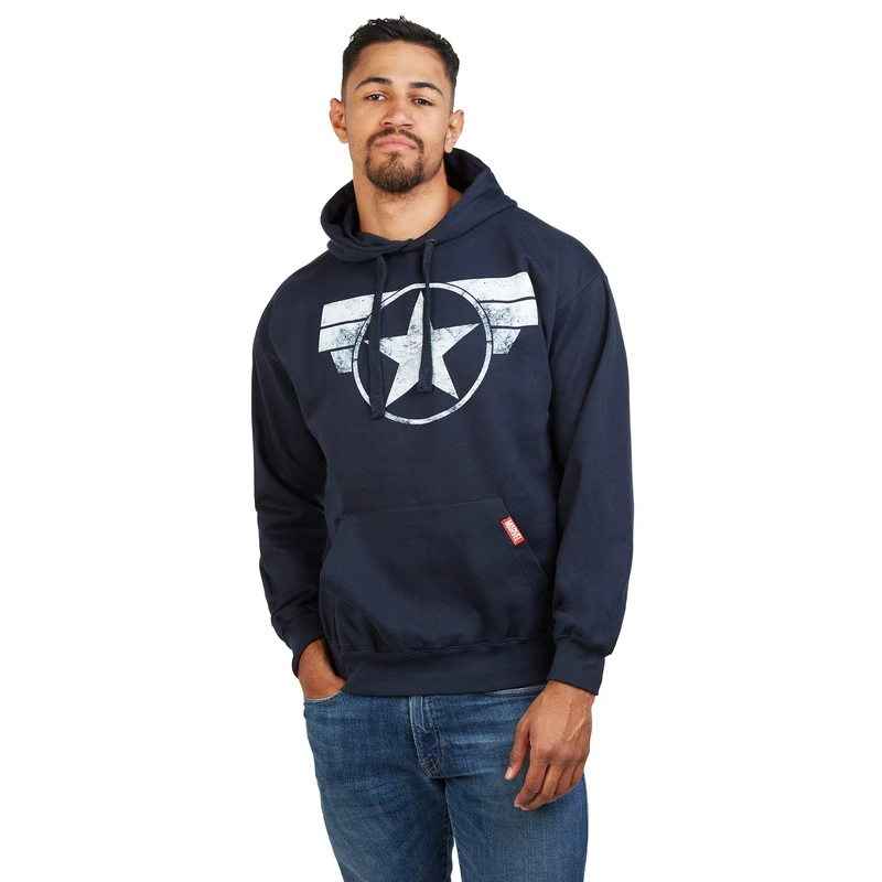 MARVEL Men's Captain America Cap Logo Hoodie, Navy Blue, XXL UK