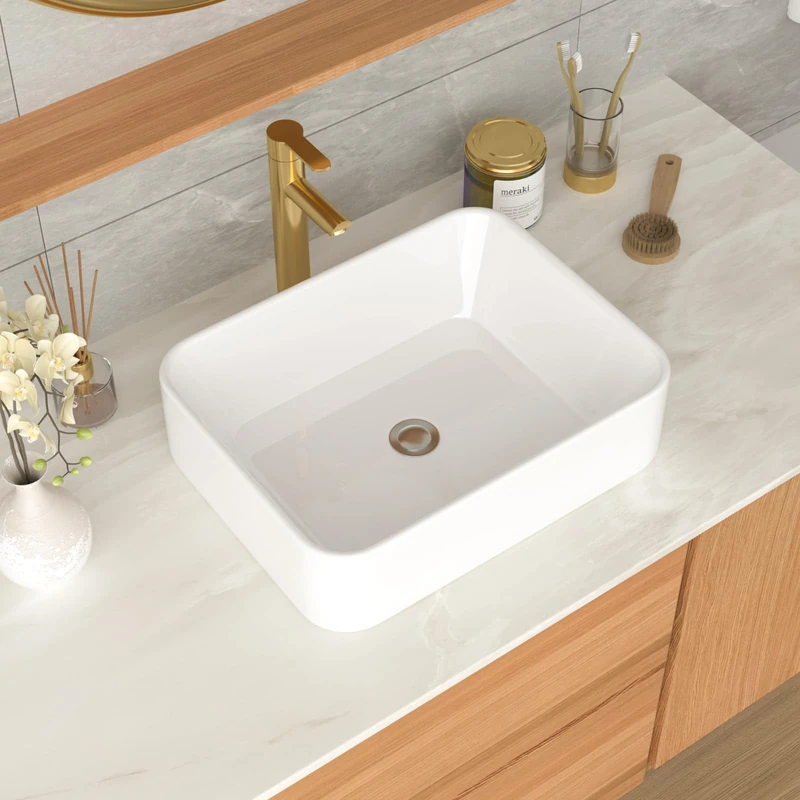 Bathroom Sink Rectangular - GhomeG 19"x15" Rectangle Above Counter White Porcelain Ceramic Vessel Sink Art Basin