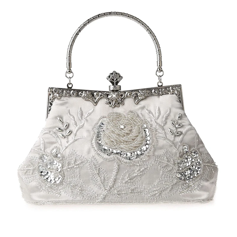 MMYOMI Vintage Floral Beaded Rhinestone Embroidery Clutch Sequin Wedding Party Prom Bag Bridal Ladies Crossbody Evening Handbag (Silver) - Image 1
