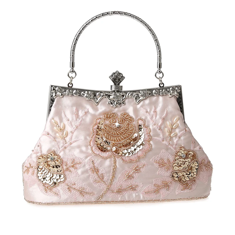 MMYOMI Vintage Floral Beaded Rhinestone Embroidery Clutch Sequin Wedding Party Prom Bag Bridal Ladies Crossbody Evening Handbag (Pink)