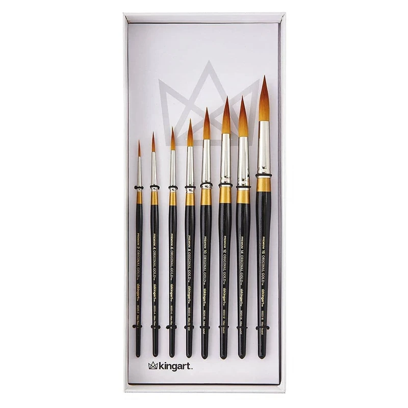KINGART Premium Original Gold Series Handcrafted Golden Taklon Multimedia Artist Brushes, Gift Box, Set of 8 (sizes: 2,4,6,8,10,12,14,16) Oil, Acrylic, Watercolor, and Gouache Paints