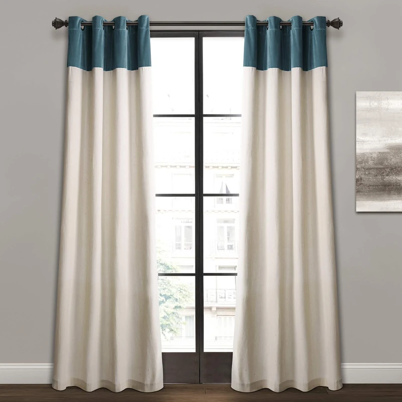 Lush Decor Milo Linen Window Curtain Panel Pair, 84" x 52", Blue & Off-White, Slate Blue