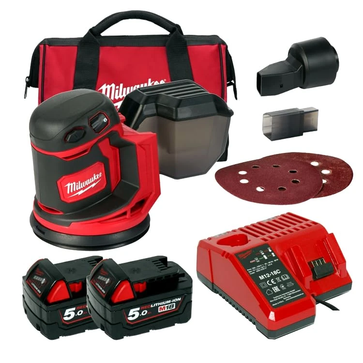 Milwaukee 4933464229 M18BOS125-502B Cordless Orbital Sander M18 BOS 125 18 V 2 x 5.0 Ah Charger in Tool Bag