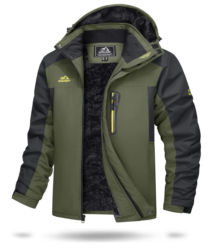 TACVASEN Mens Fleece Jackets Softshell Waterproof Jacket Outdoor Winter Work Coat with Adjustable Hood Cuffs Army Green,XXL