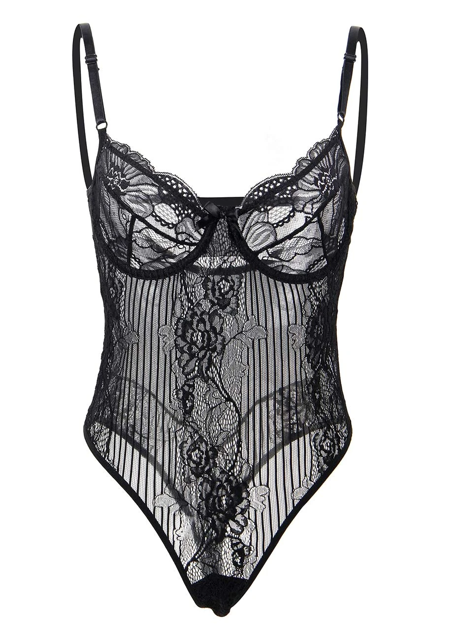 marysgift Lingerie Bodysuit for Women Lace Strappy One Piece Babydoll Ladies Deep-V Neck Stretch Mesh Body Suit Black XL UK 12 14 (861)