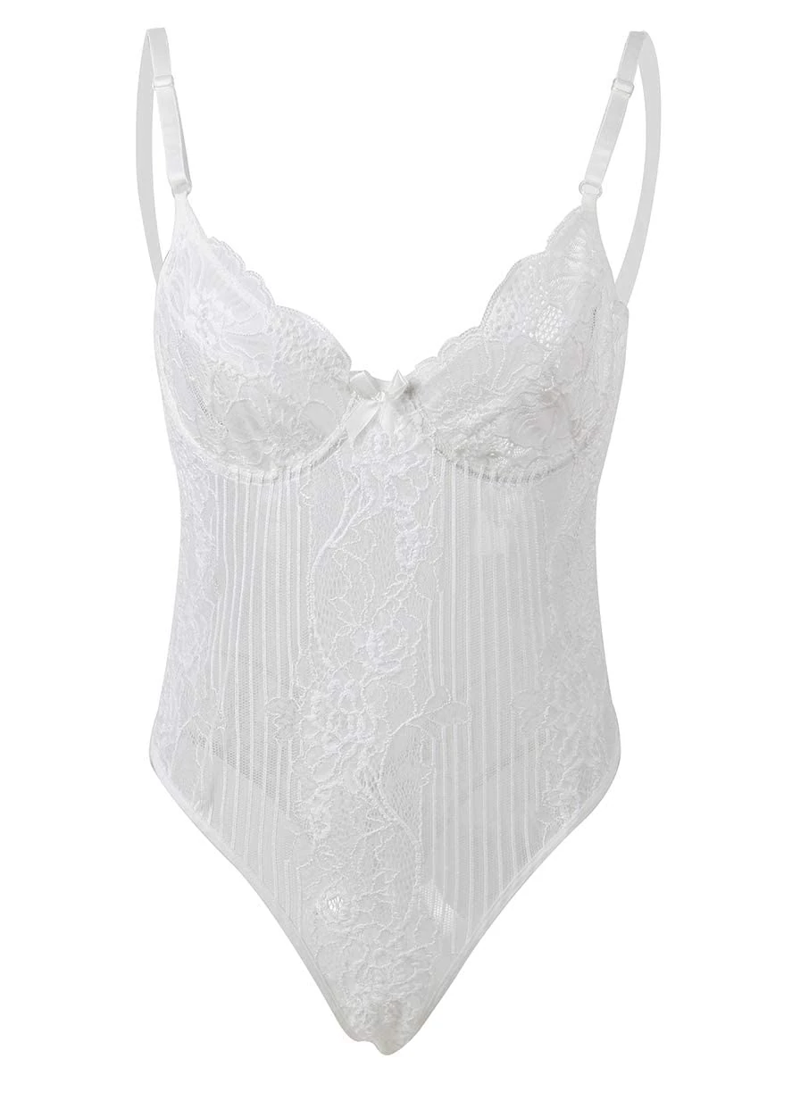 marysgift Women Bodysuit One Piece Lace Lingerie V-Neck Nightwear Mini Babydoll Push Up Underwear White XL UK 12 14 (862)