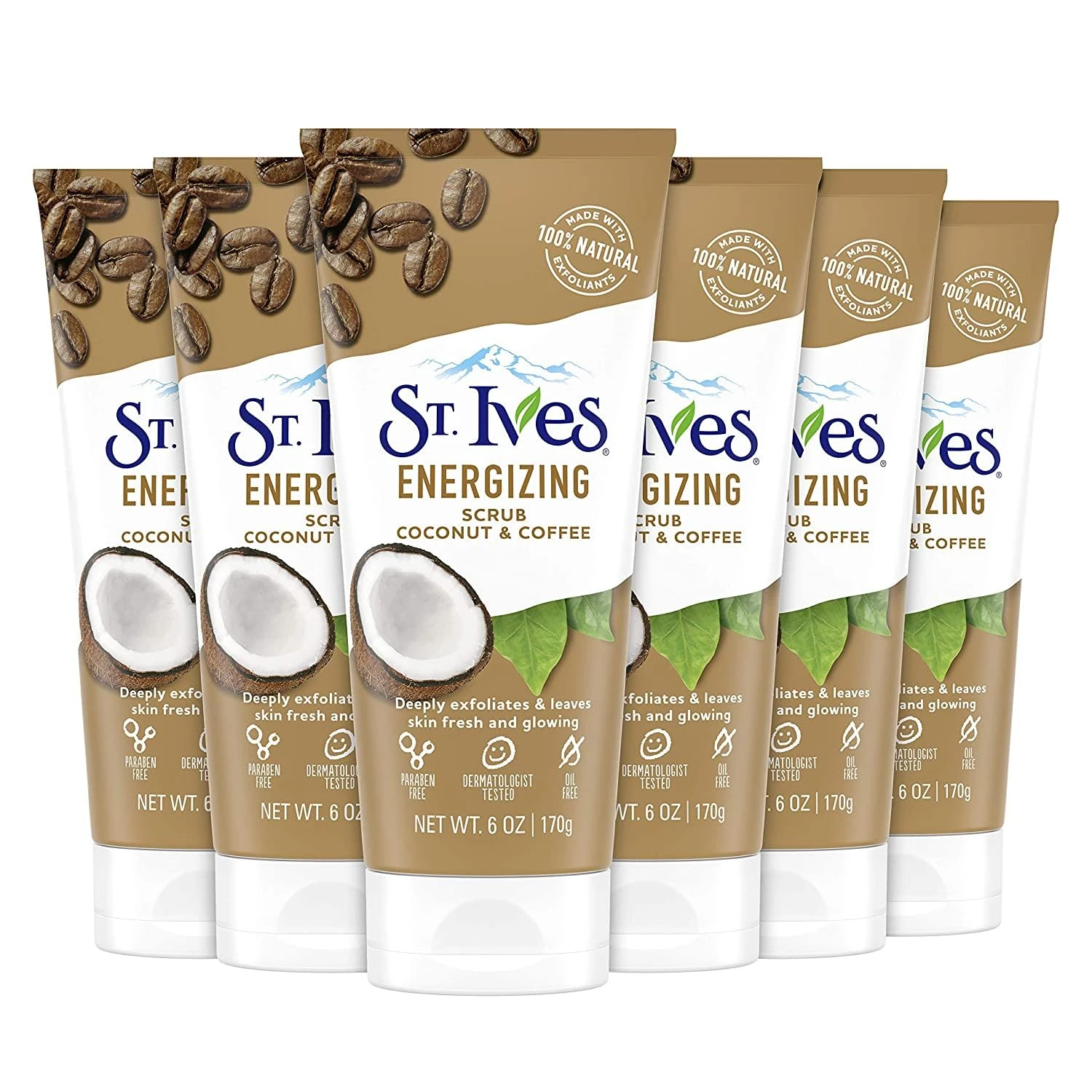 St. Ives Rise and Energize Face Scrub Deep Exfoliating Scrub Coconut and Coffee Dermatologist-Tested, 100% Natural Exfoliants Face Wash 6 oz / 170gm 6 Count