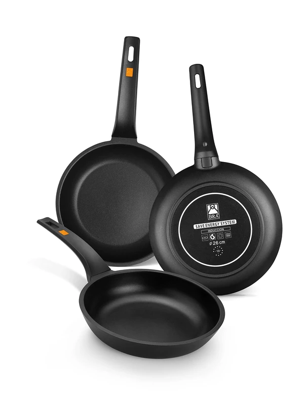 BRA Efficient Cast Aluminium Non-Stick Pans, Set of 3 20-24-28 cm Black [Amazon Exclusive]