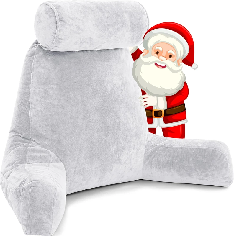 Husband Pillow XXL Light Grey Backrest with Arms - Adult Reading Pillow Shredded Memory Foam, Ultra-Comfy Removable Microplush Cover & Detachable Neck Roll, Unmatched Support Sit Up Bed Rest Chair