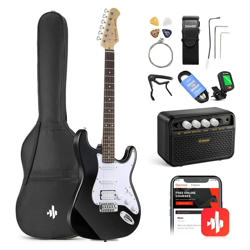 Donner 39 Inch Electric Guitar Beginner Kit Black Full-Size Starter Package HSS Pick Up with All Accessories Amp Online Lesson Bag Tuner Capo Strap String Amp Cable Picks DST-100B