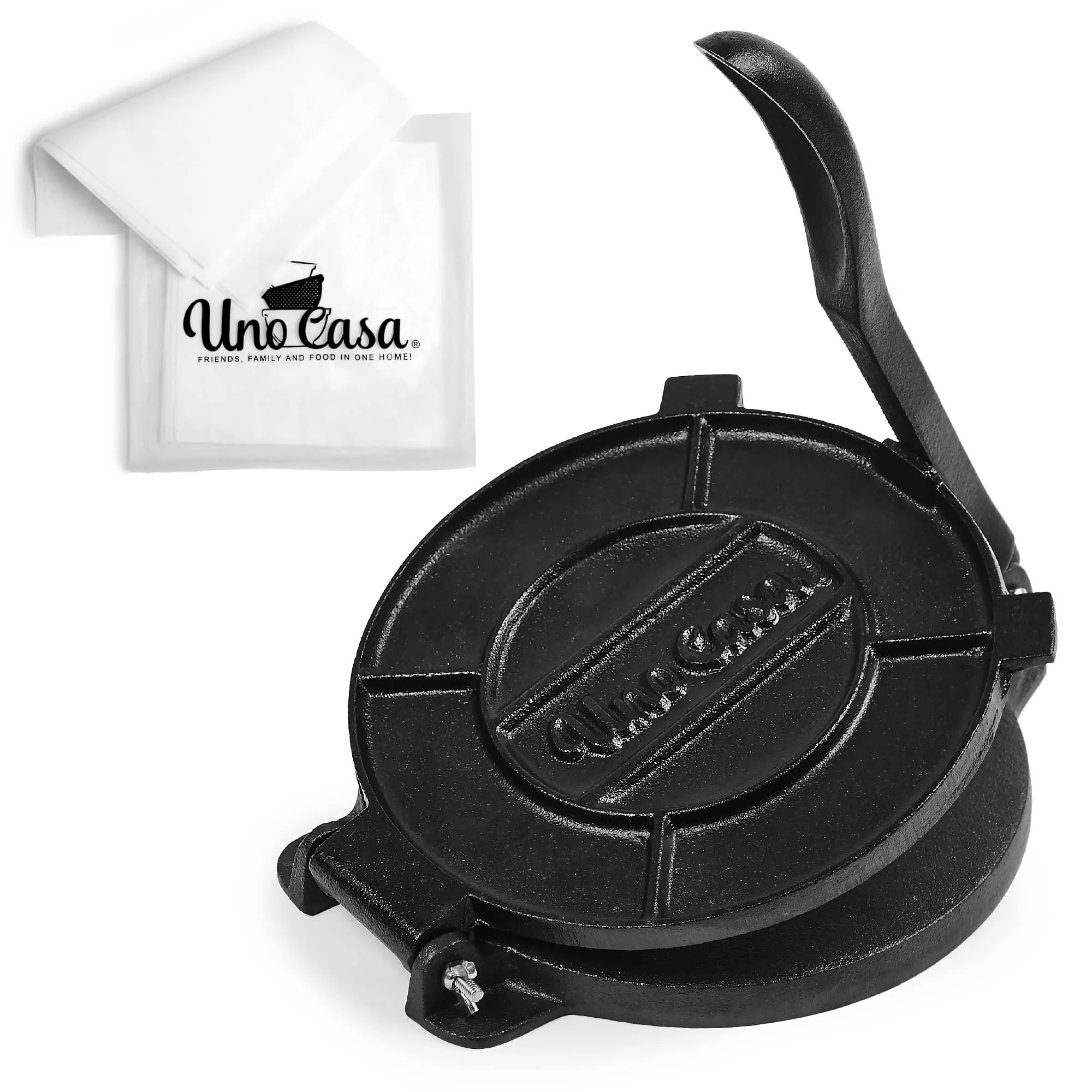 Uno Casa Tortilla Press Cast Iron - 8 Inch, Pre-Seasoned Tortilla Maker with 100 Pcs Parchment Paper - Roti Maker Chapati Machine, Taco press Cast Iron for Authentic Cooking