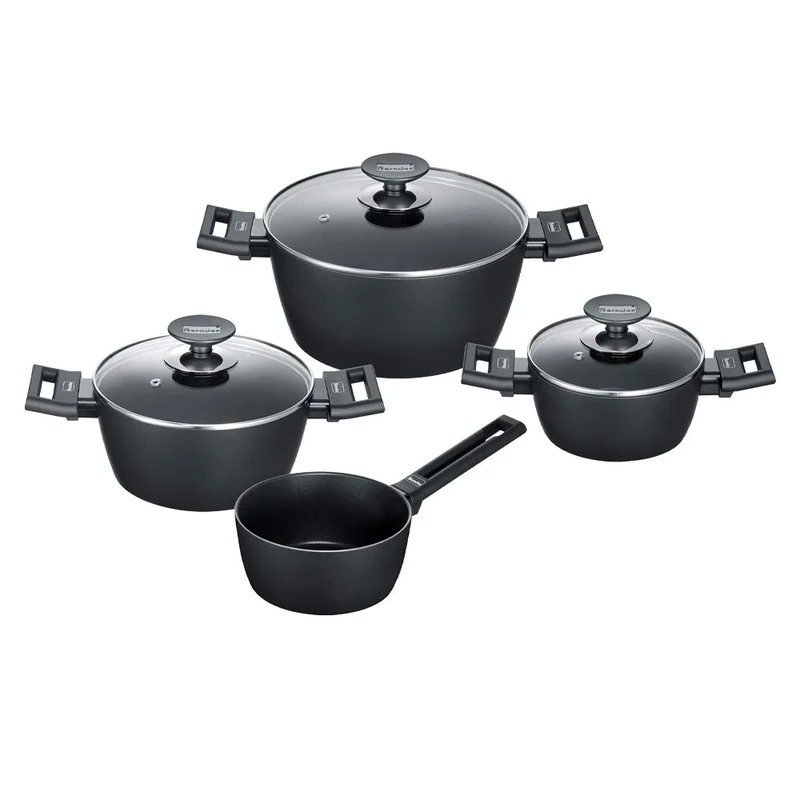 Berndes 4-Piece Saucepan Set Aluminium Induction Saucepan Set with Glass Lid, Non-Stick Coating and Suitable for All Cookers, Induction Pots, Casseroles, Cast Aluminium Cooking Pots with Non-Stick Coating, Black