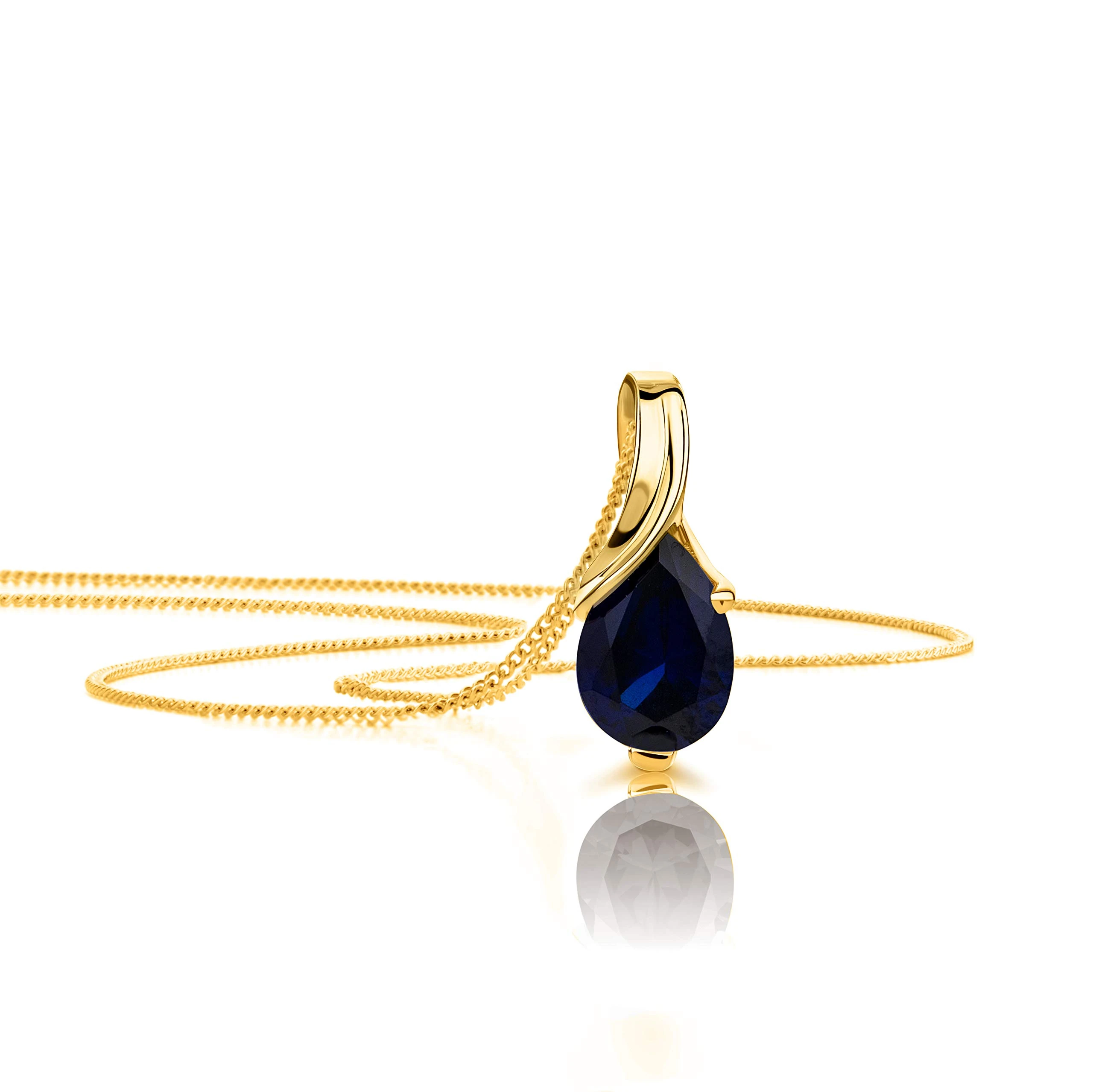 OROVI Pear-Shaped Yellow Gold Necklace for Women with a Sapphire in 9 Carat Gold, Hypoallergenic Necklace - Handmade pendants with jewellery box - Made in Italy