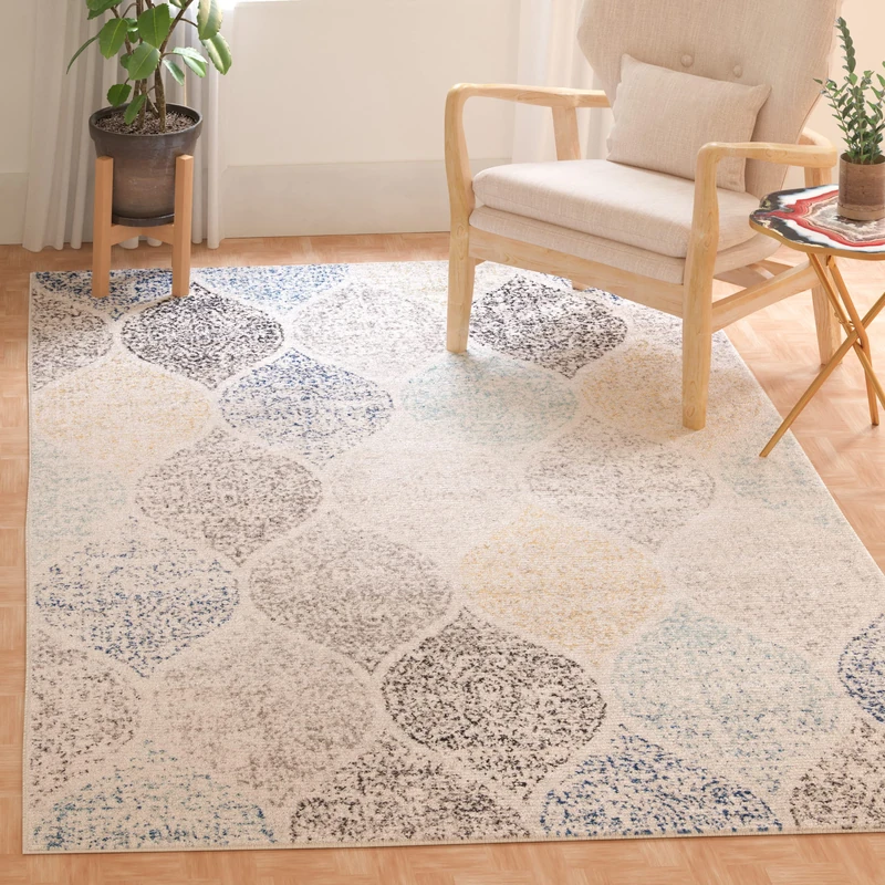 Safavieh Contemporary Rug for Living Room, Dining Room, Bedroom - Madison Collection, Short Pile, in Ivory and Blue, 91 X 152 cm