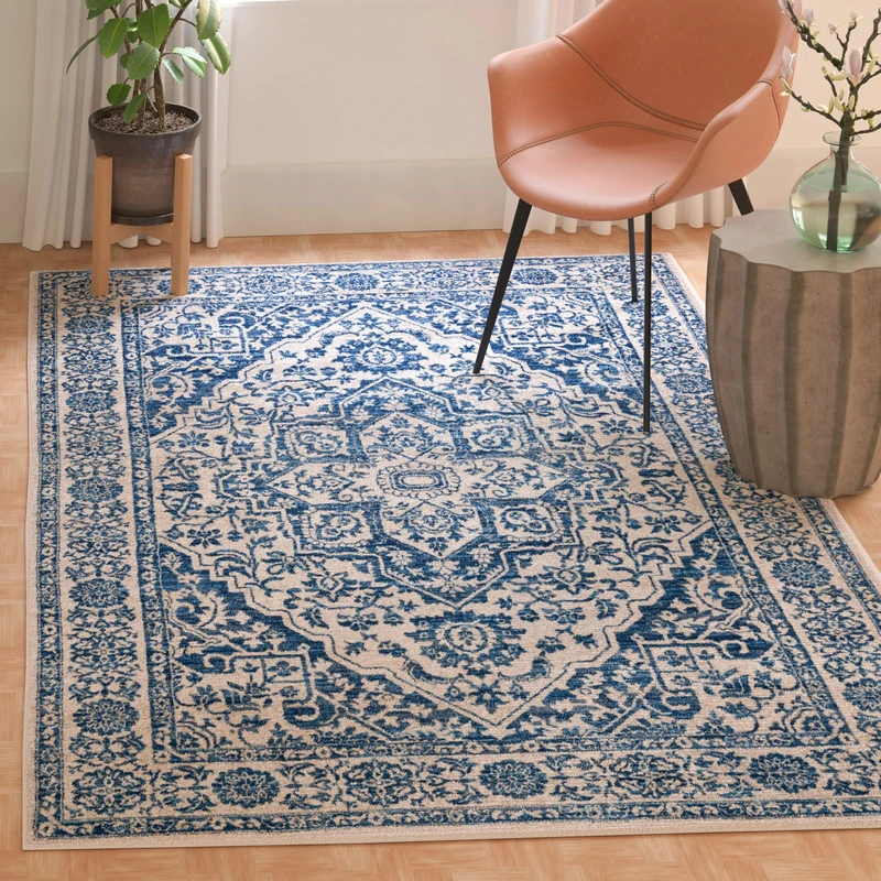 Safavieh Traditional Rug for Living Room, Dining Room, Bedroom - Brentwood Collection, Short Pile, in Navy and Light Grey, 91 X 152 cm
