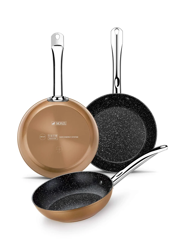 Monix Copper 20-24-28cm Cast Aluminium Frying Pan Set with Non-Stick Titanium Particles - Suitable for All Cookers Including Induction