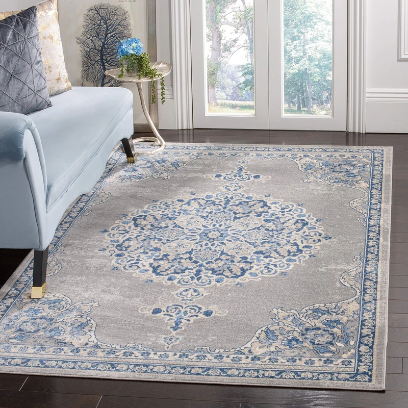 Safavieh Traditional Indoor Woven Rectangle Area Rug, Brentwood Collection, BNT867, in Light Grey / Blue, 122 X 183 cm for Living Room, Bedroom or Any Indoor Space