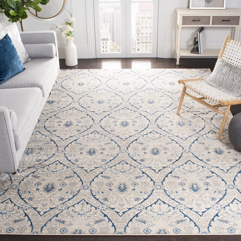 Safavieh Traditional Indoor Woven Rectangle Area Rug, Brentwood Collection, BNT860, in Light Grey / Blue, 91 X 152 cm for Living Room, Bedroom or Any Indoor Space