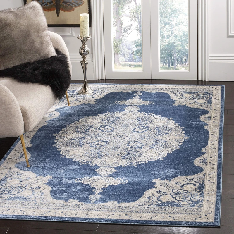 Safavieh Traditional Indoor Woven Rectangle Area Rug, Brentwood Collection, BNT867, in Navy / Light Grey, 122 X 183 cm for Living Room, Bedroom or Any Indoor Space
