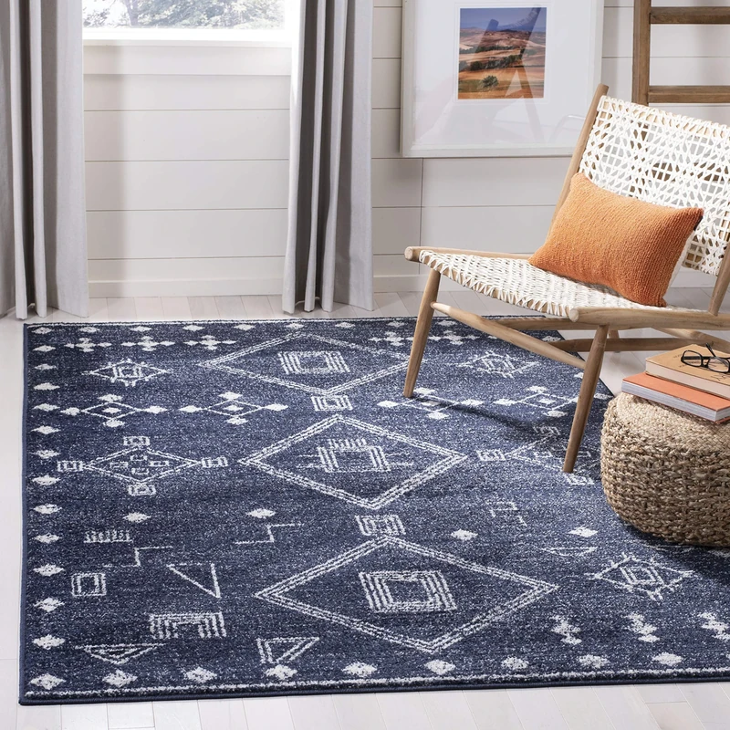 Safavieh Moroccan Boho Tribal Indoor Woven Rectangle Area Rug, Adirondack Collection, ADR208, in Navy / Silver, 155 X 229 cm for Living Room, Bedroom or Any Indoor Space