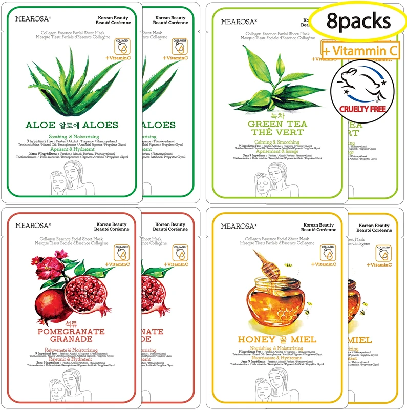MEAROSA Vitamin C Collagen Firming Facial Sheet Mask Korean Skin Care Hydrating & Nourishing Premium Quality Natural ingredients Essence Sensitive skin(8 Variety pack 25ml)