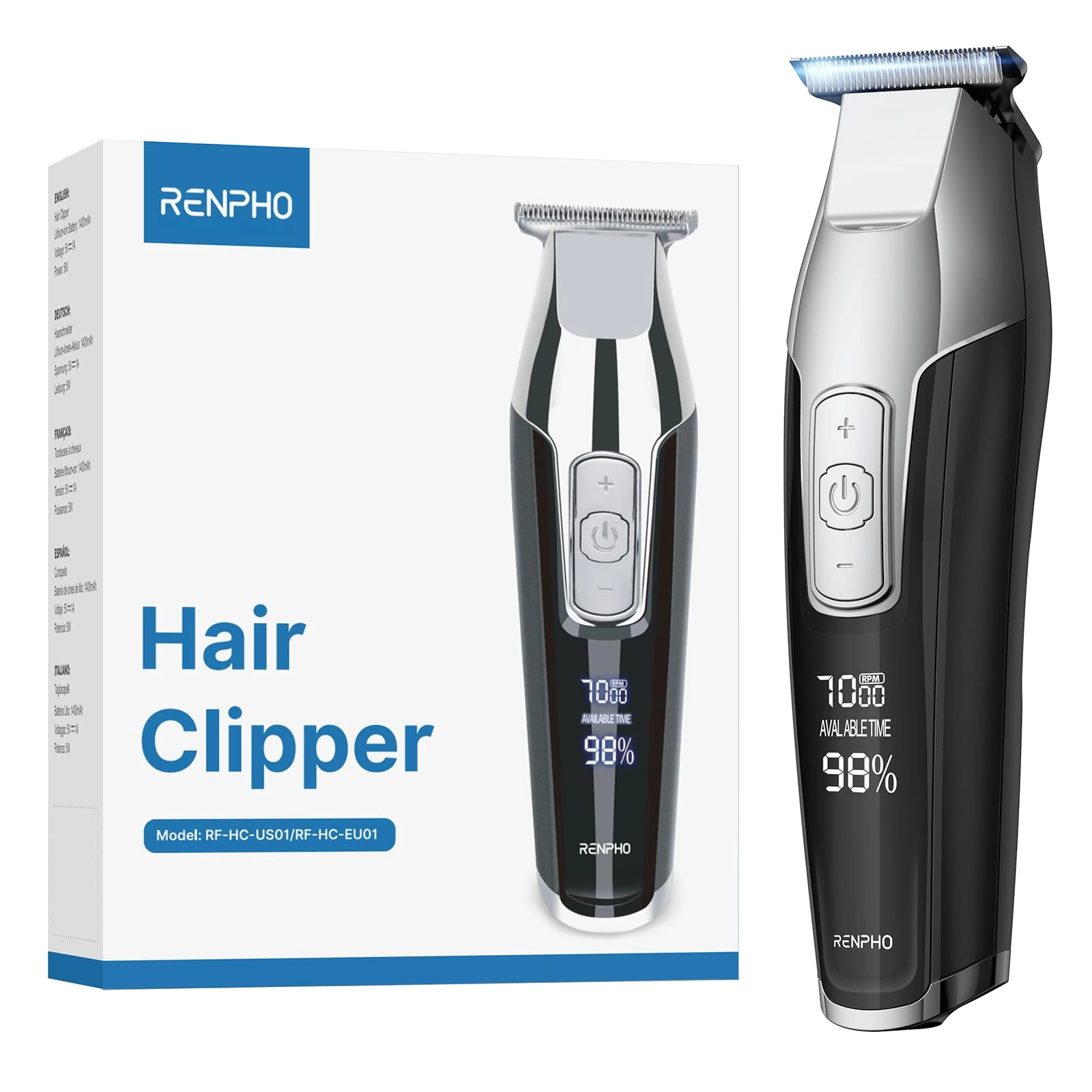 RENPHO Hair Clippers for Men, 4-Speed Beard Trimmer Men Professional Hair Cutting kit, LED Display Cordless Hair Trimmer 0.2mm for Men & Kids, T-Blade Detailer Trimmer 100-240V for Worldwide Travel