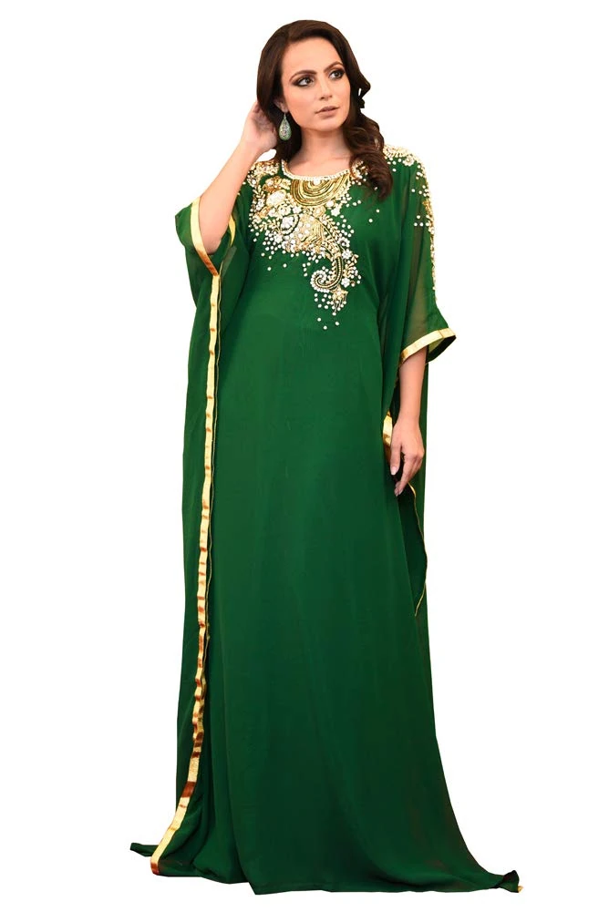 Kolkozy Fashion Women's Georgette Hand Beaded Kaftan Dark Green Size S