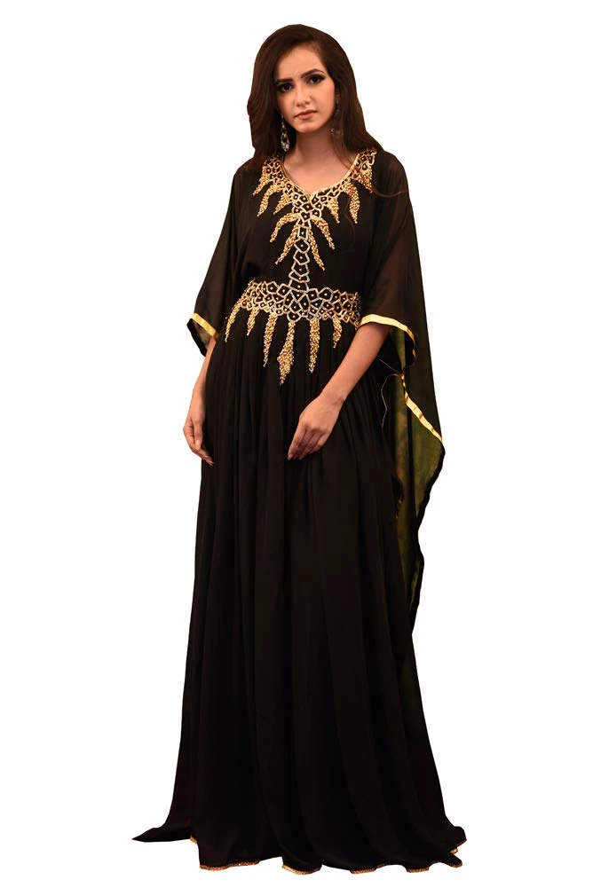 Kolkozy Fashion Women's Georgette Hand Beaded Kaftan Black Size M