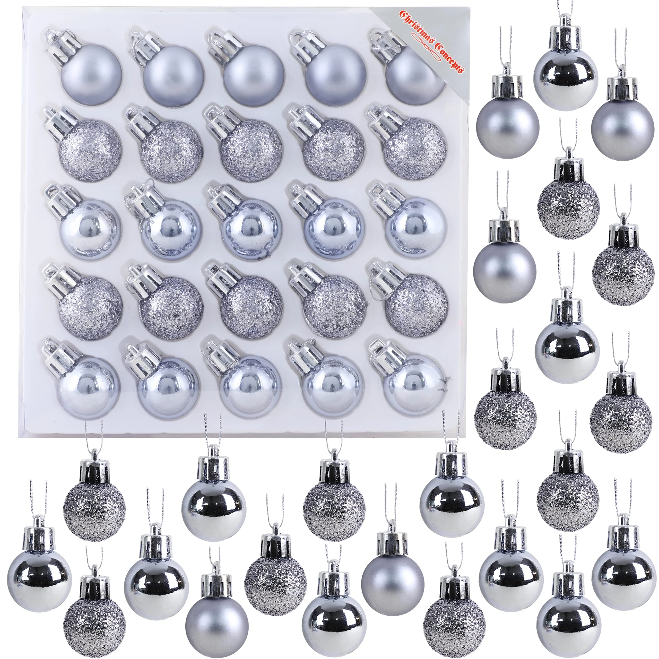 Christmas Concepts® Pack of 25-25mm, 2.5cm (1") Mini Christmas Tree Baubles - Shiny, Matte & Glitter Decorated Baubles (Graphite Grey)