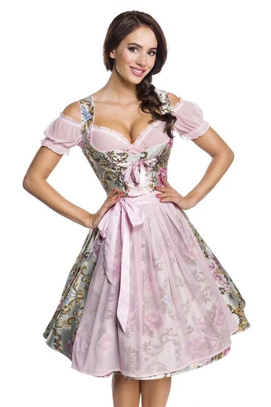 Midi Brocade Dirndl Set Costume Dress Oktoberfest Blouse 36-46, Pink/Patterned, XXXL