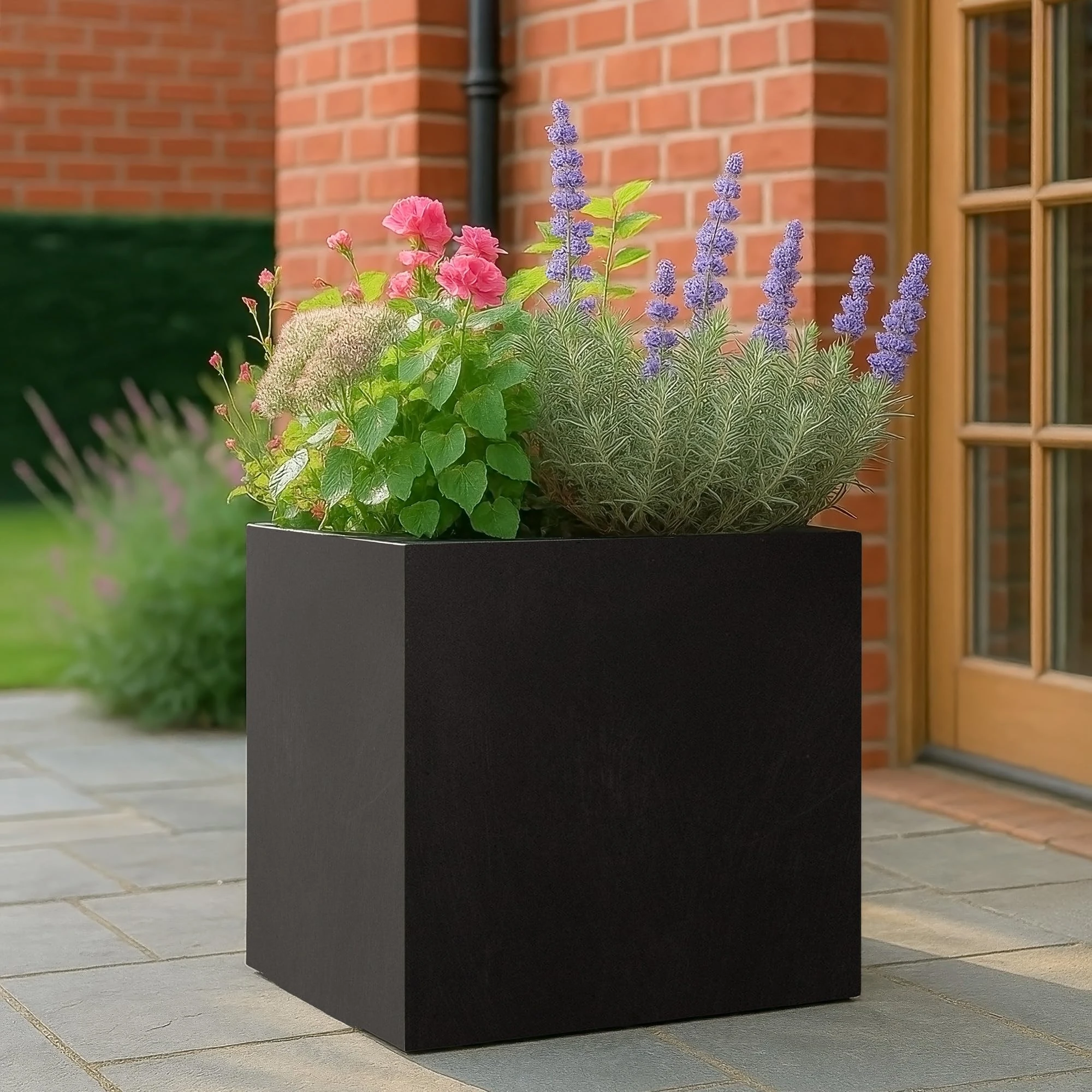 IDEALIST 50cm Large Square Planter for Trees | Black Reinforced Stone Flower Pot with Drainage Holes L50 W50 H50.5 cm, 92 litres