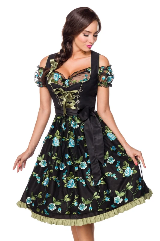Dirndline Women's Dirndl incl. lace Blouse Special Occasion Dress, Black/Green, XL