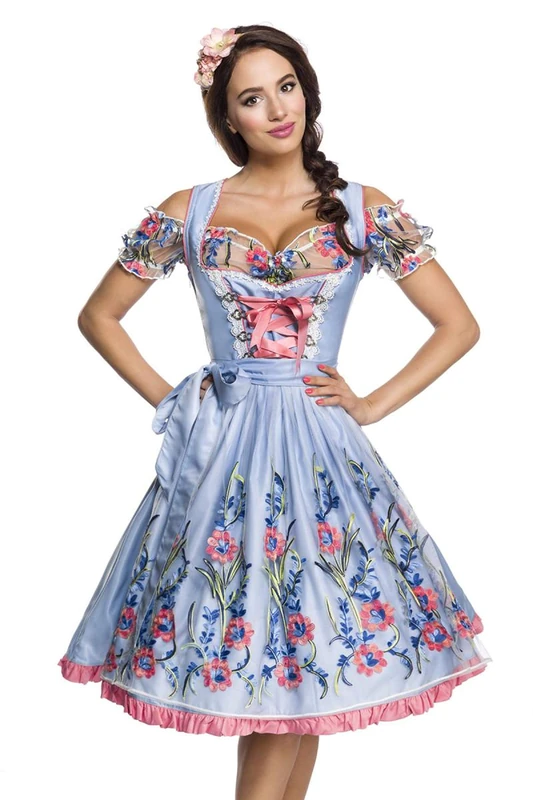 3-Piece Midi Dirndl Set Costume Dress Oktoberfest Blouse 36-46, Blue/Pink/White, S