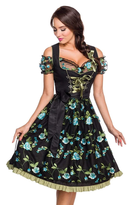 Dirndline Women's Dirndl with Lace Shirt Special Occasion Dress, Black/Green, XXL
