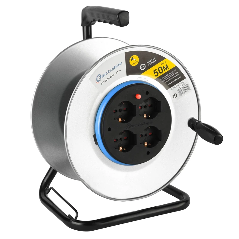 Electraline 49014 Cable Reel, Extension Without Cable Made of Rust-Free Metal with 4 Italian 10/16A Sockets + Schuko, Diameter 290 mm for Professional Use
