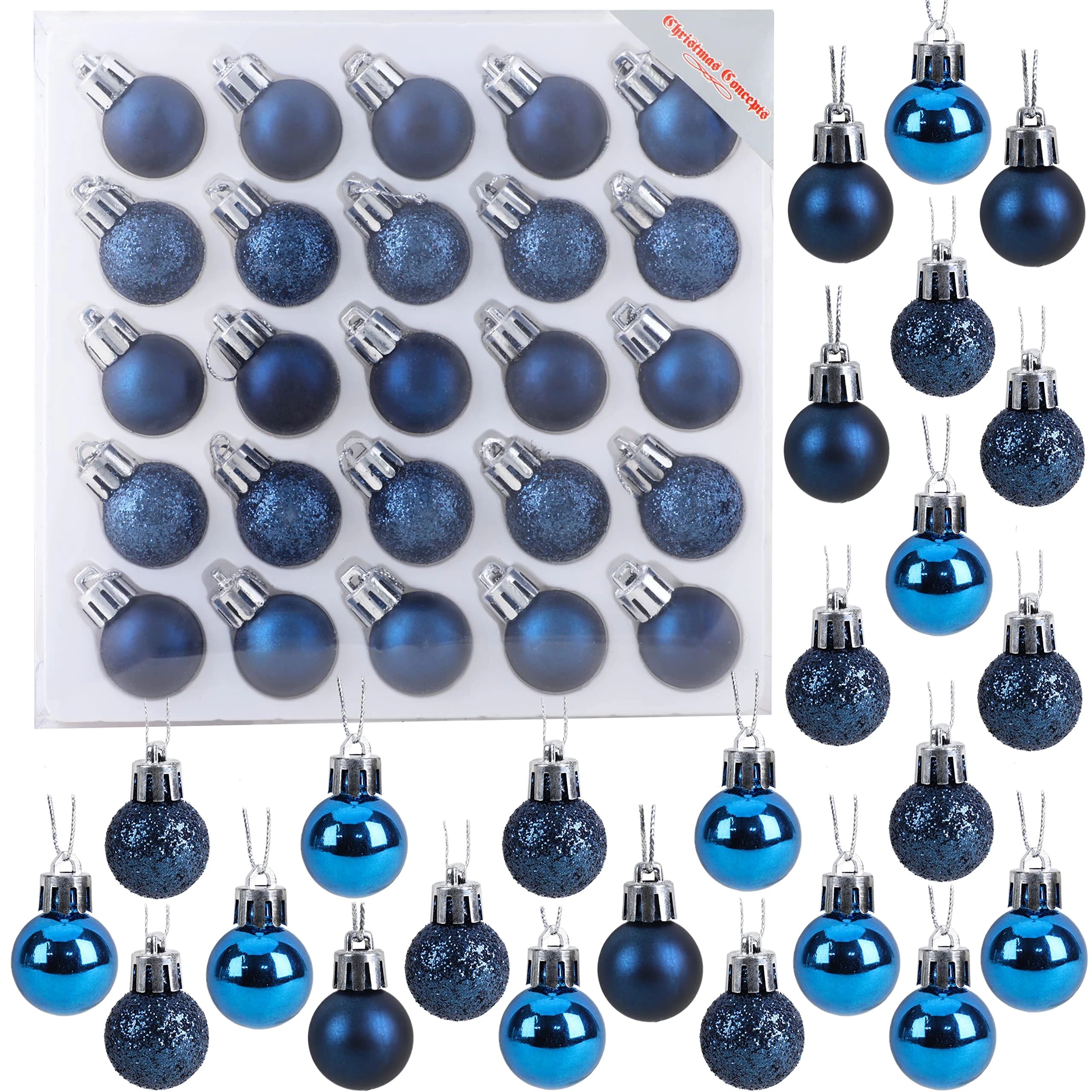 Christmas Concepts® Pack of 25-25mm, 2.5cm (1") Mini Christmas Tree Baubles - Shiny, Matte & Glitter Decorated Baubles (Midnight Blue)