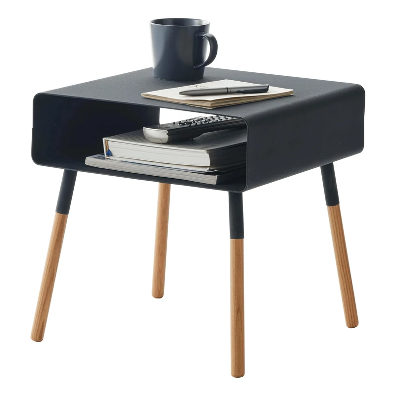 Yamazaki 4230 PLAIN Low Side Table, black, Steel/Wood, Minimalist, 35 x 35 x 35 cm