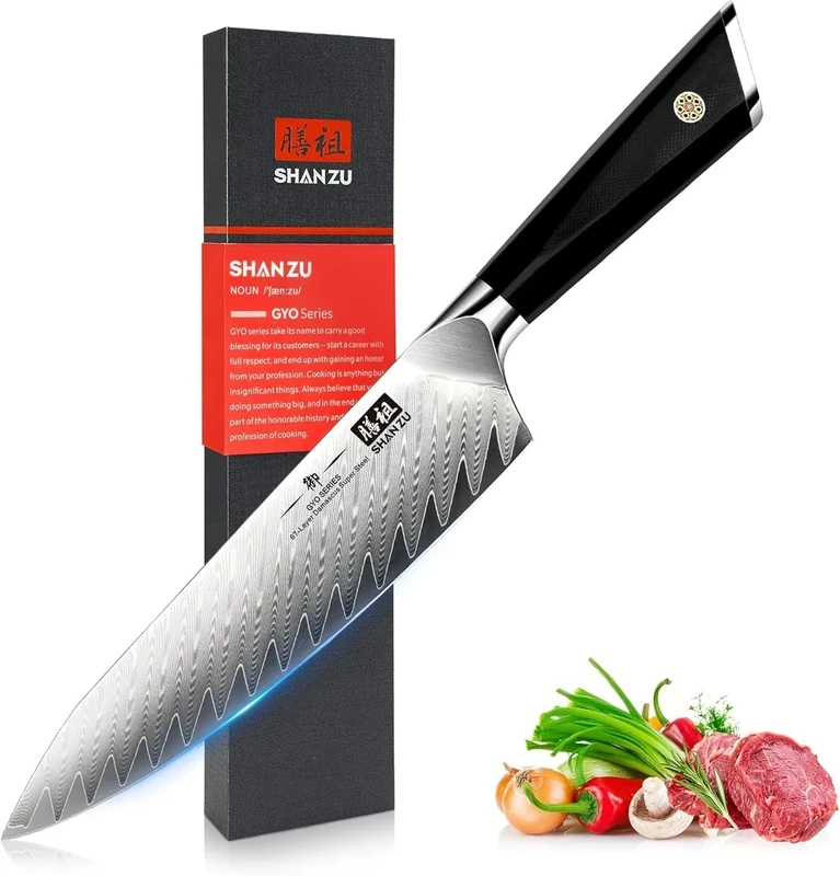 SHAN ZU Damascus Chef Knife 8inch Japanese Steel Kitchen Knife, Professional Kitchen Utility Knives High Carbon Super Sharp, 67-Layer Damascus Steel Cooking Knife with G10 Handle/Gift Box