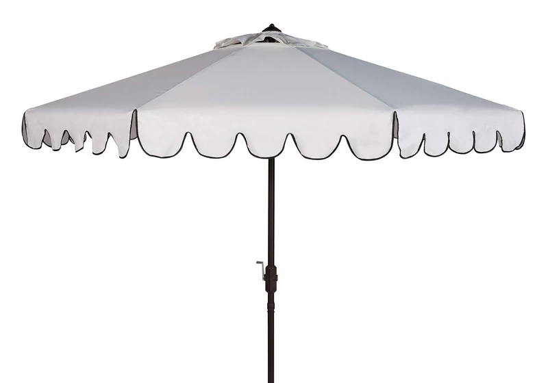 Safavieh 9ft Outdoor Patio Umbrella, Round, Venice Collection, Ivory & Black Trim, Crank, Button Tilt, UV Resistant for Deck, Backyard, Poolside