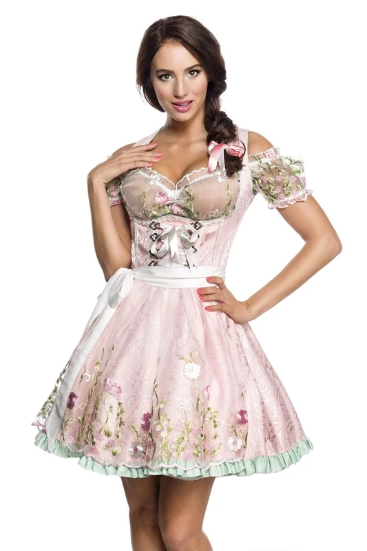 Dirndline Women's Mini Brocade Dirndl Including lace Blouse Dress for Special Occasions, Pink, XXXL
