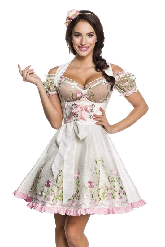 Mini Brocade Dirndl Set Costume Dress Oktoberfest Blouse 36-46, White, XL