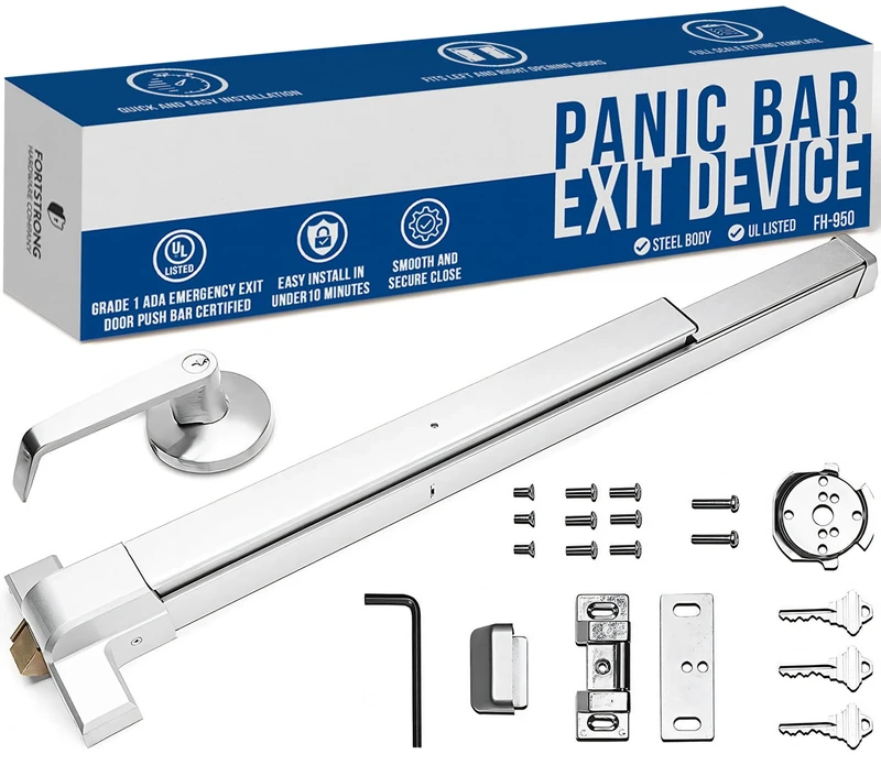 Panic Bar Exit Device Silver - FS-950 Push Bar for Exit Doors & Exit Lever with Key - UL Listed - Grade 1 and ADA Certified with Detailed Fitting Instructions
